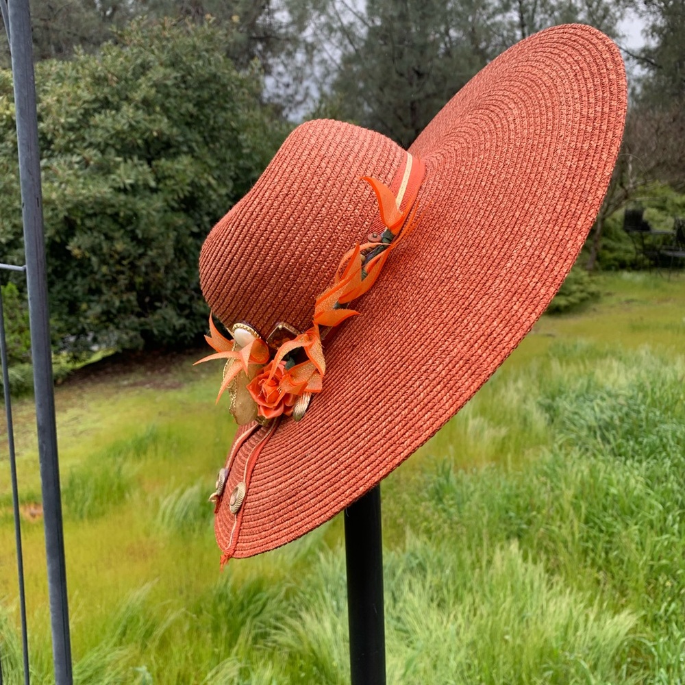 Kreativekristen upcycled Orange wide brim straw Hat with Floral Accents - Picture 2 of 12